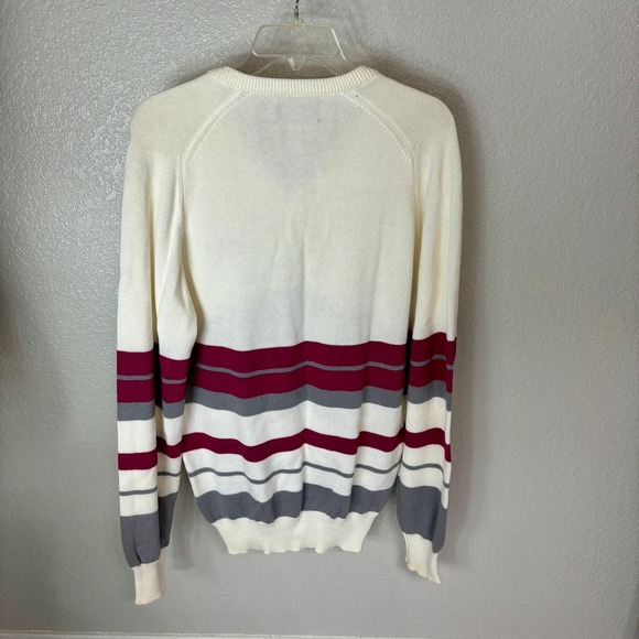 Cute Creamy Colored 90s Cotton Knit V-Neck Horizontal Striped Sweater Medium M - Picture 3 of 11